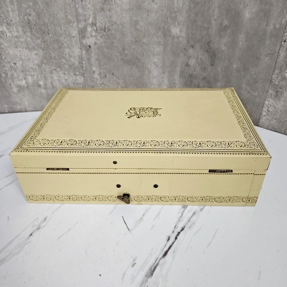 Vintage La Paloma Jewelry Box Cream & Red Velvet Musical Notes Storage Organizer